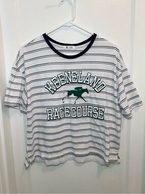 Keeneland Racecourse ‘47 Horse Graphic Striped Cropped White T-Shirt Womens L